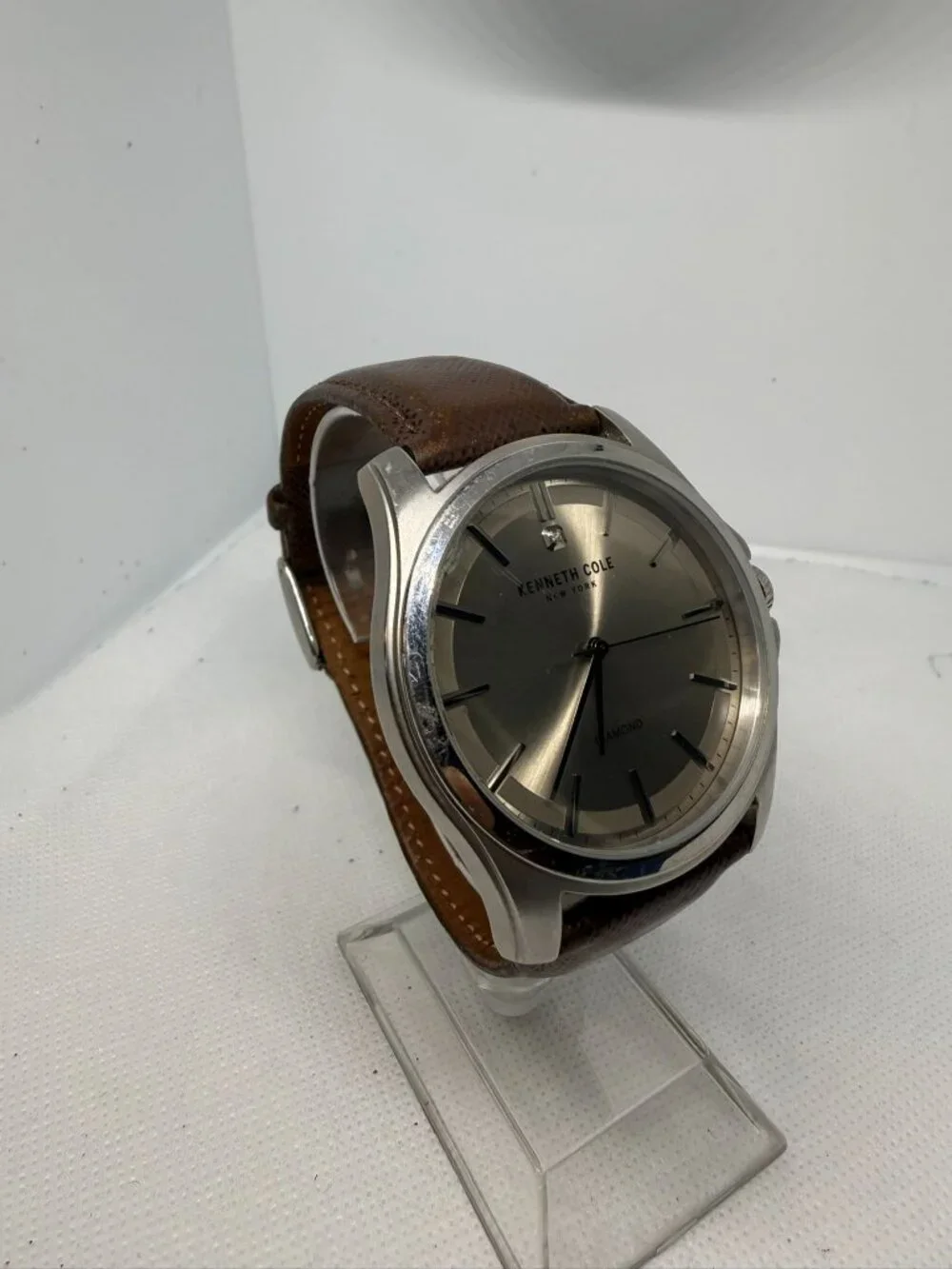 Kenneth Cole New York Men 10027417 Grey Dial Diamond Marker Brown Leather Watch